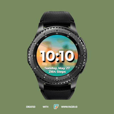 animated gif of watch face design of bokeh background of sunset over the water with palm trees with bubbles floating up